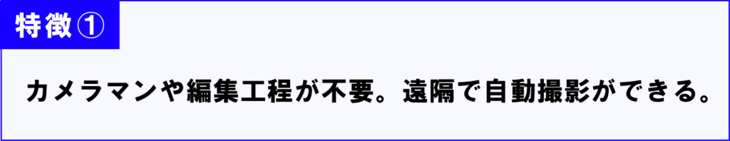 カメラマンや編集工程が不要。遠隔で自動撮影。